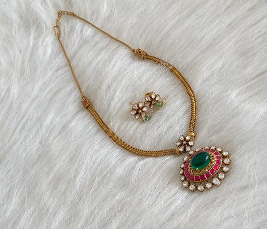 Antique gold tone pink-green-white kundan jadau necklace set dj-54435