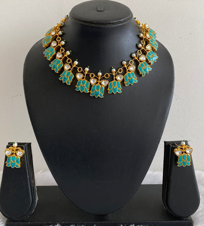 Gold tone blue-white kundan jadau lotus heart necklace set dj-53601