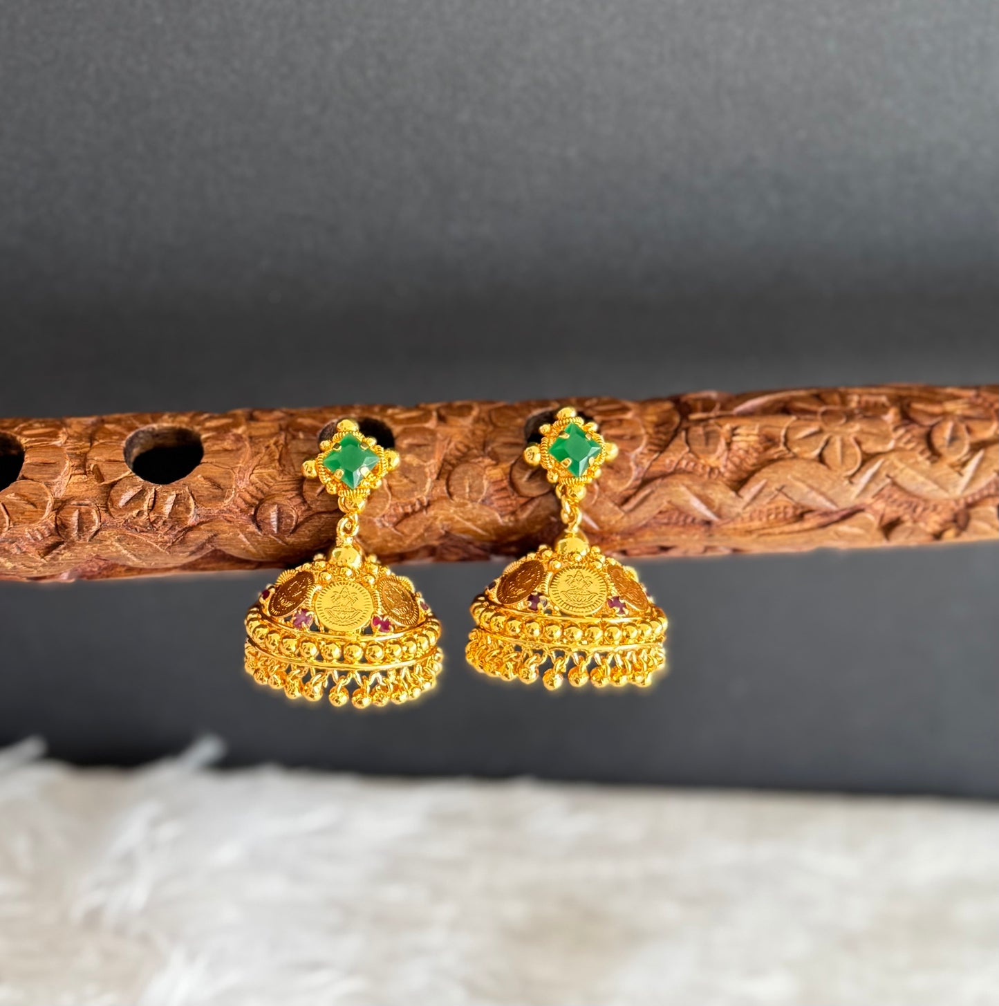 Gold tone green-pink lakshmi coin jhumkka dj-51482