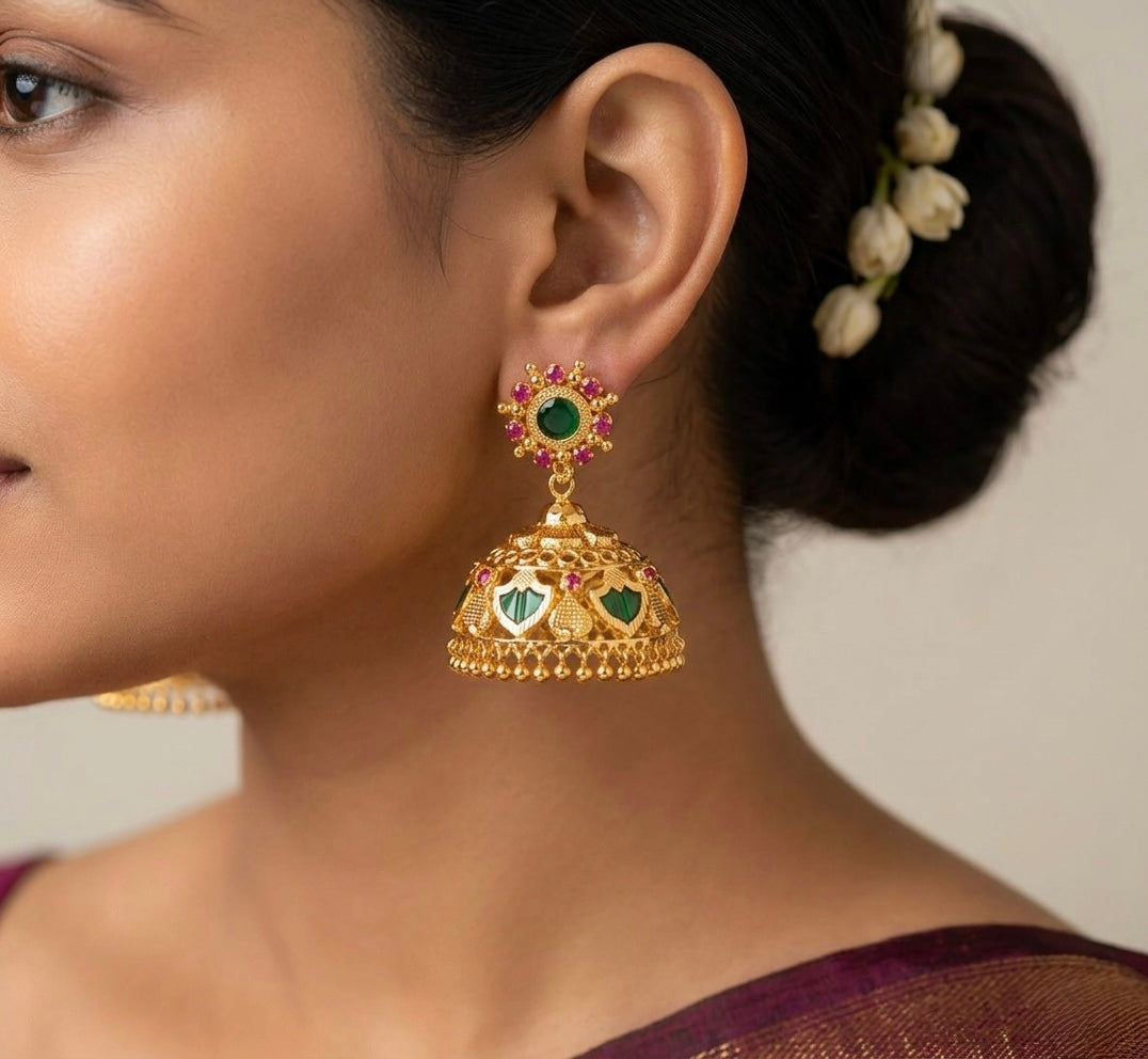 Gold tone kerala style pink-green 6 petal palakka big jhumkka dj-54537