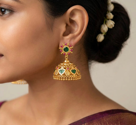 Gold tone kerala style pink-green 6 petal palakka big jhumkka dj-54537