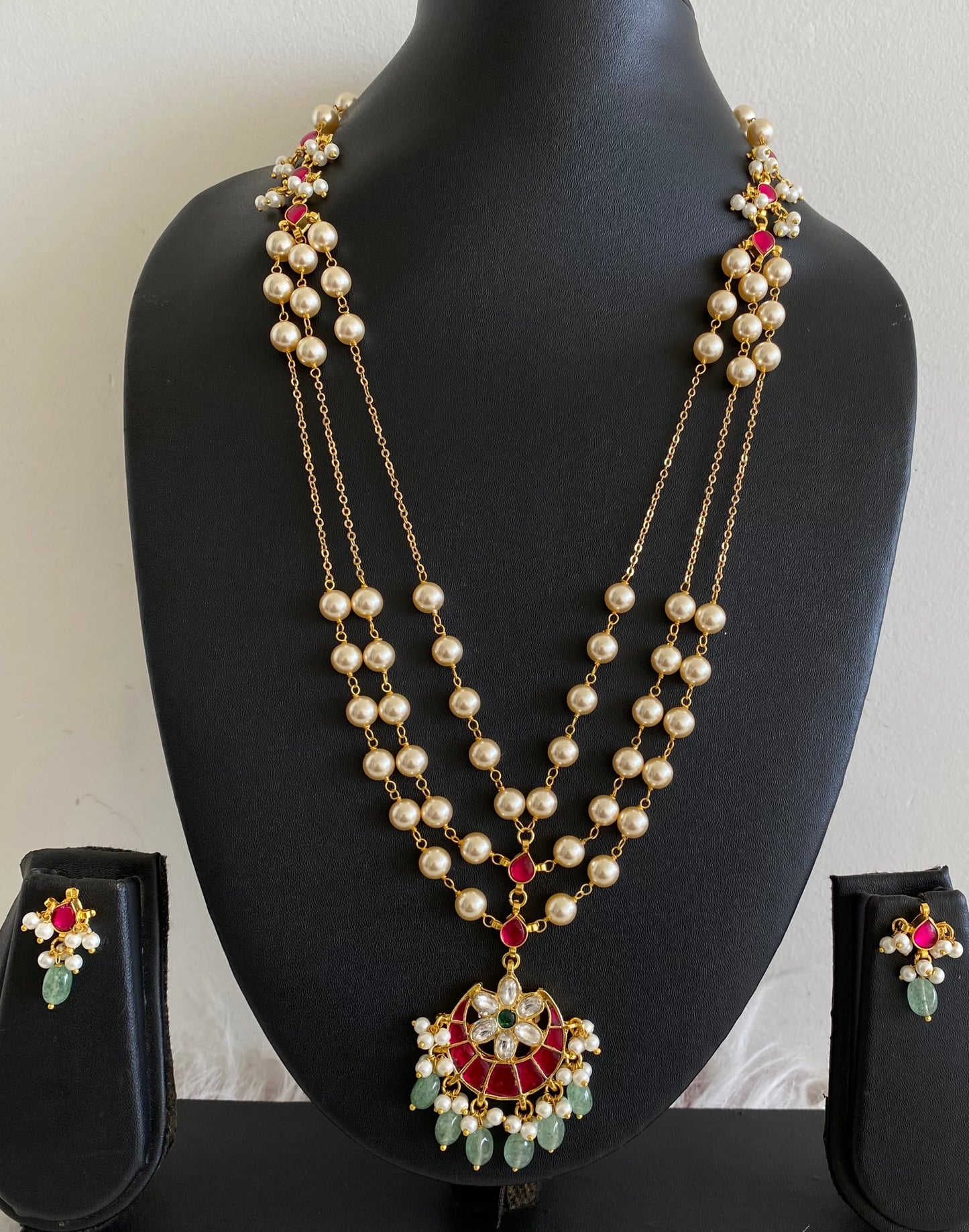 Gold tone kundan jadau flower moon pearl multi layer mid/length necklace set dj-54176