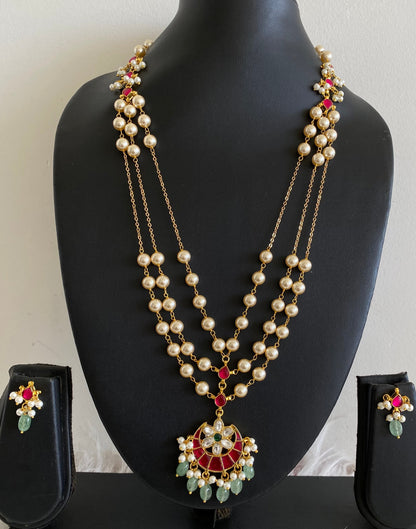 Gold tone kundan jadau flower moon pearl multi layer mid/length necklace set dj-54176