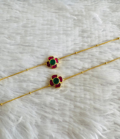 Gold tone pink-green flower kundan jadau anklets dj-51412