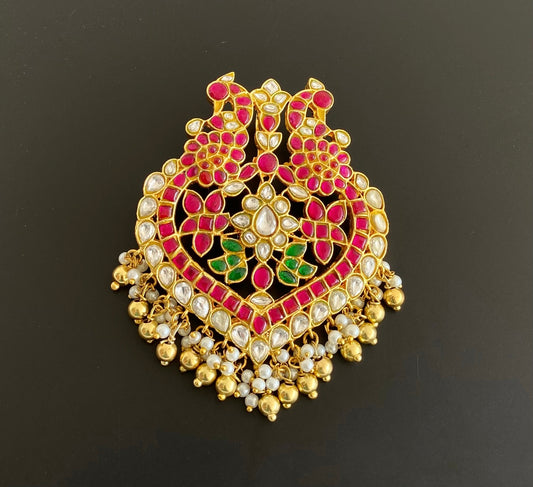 Gold tone pink-green-white kundan jadau peacock pendant dj-53176