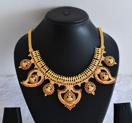 Gold tone kerala style lakshmi pink stone big mango-palakka necklace dj-53085