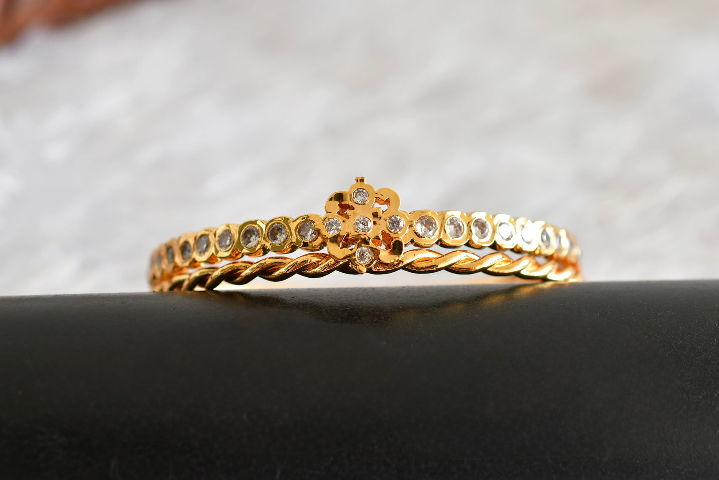 Gold tone AD white flower 2 pc bangle set (2.4) dj-51788