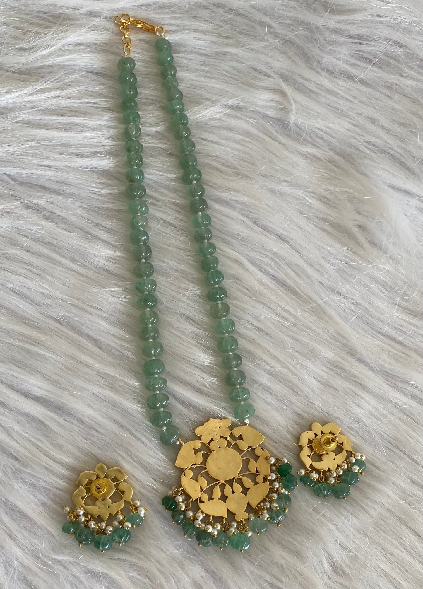 Antique gold  pumpkin green beaded kundan jadau navarathna mid/length necklace set dj-54169