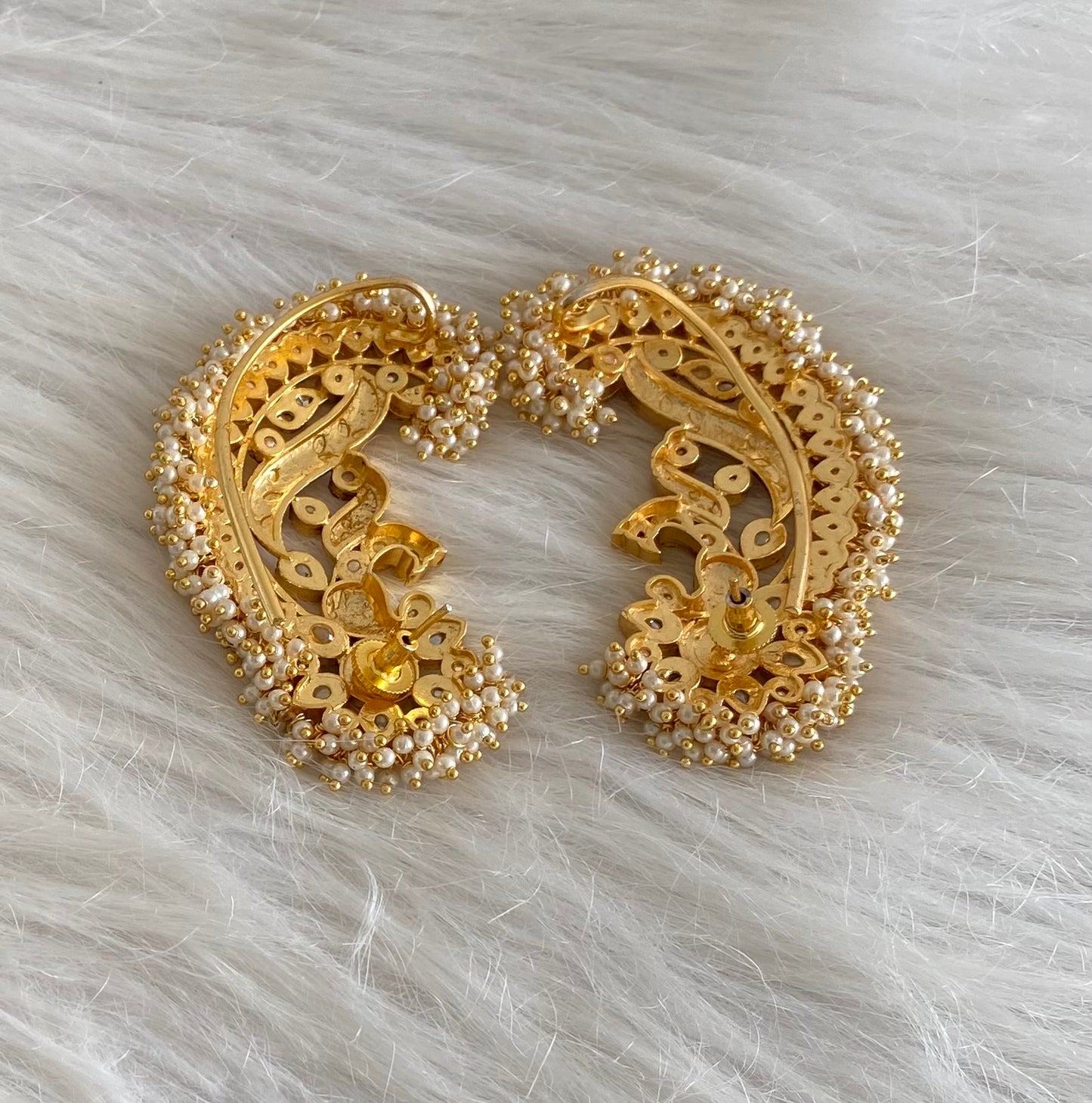 Gold tone green-pink-white kundan jadau big peacock khanpool earrings dj-54573