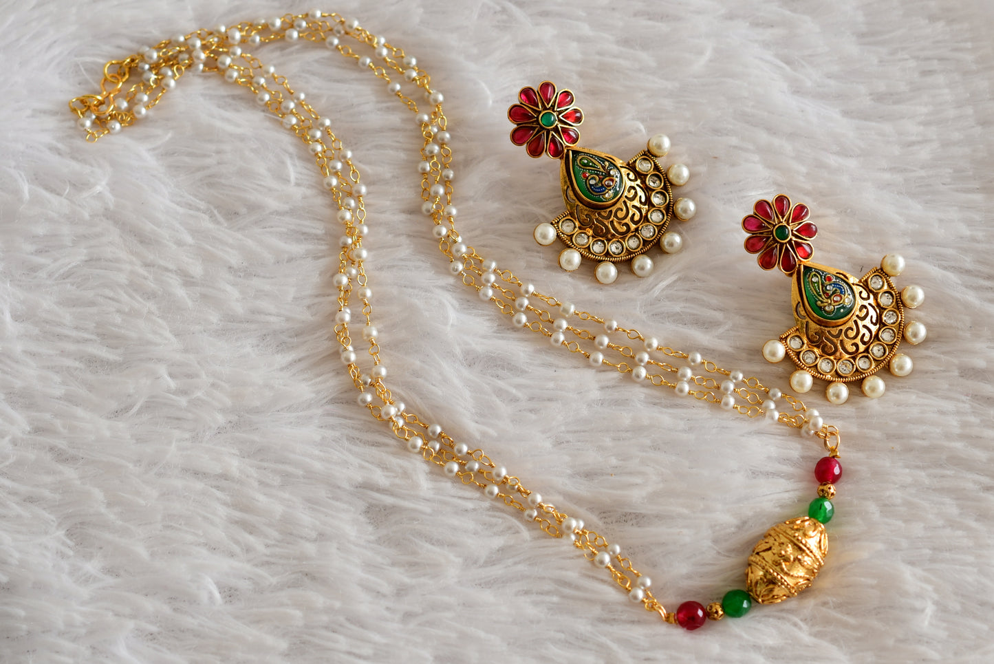 Gold tone pink-green pearl beaded necklace set dj-51985