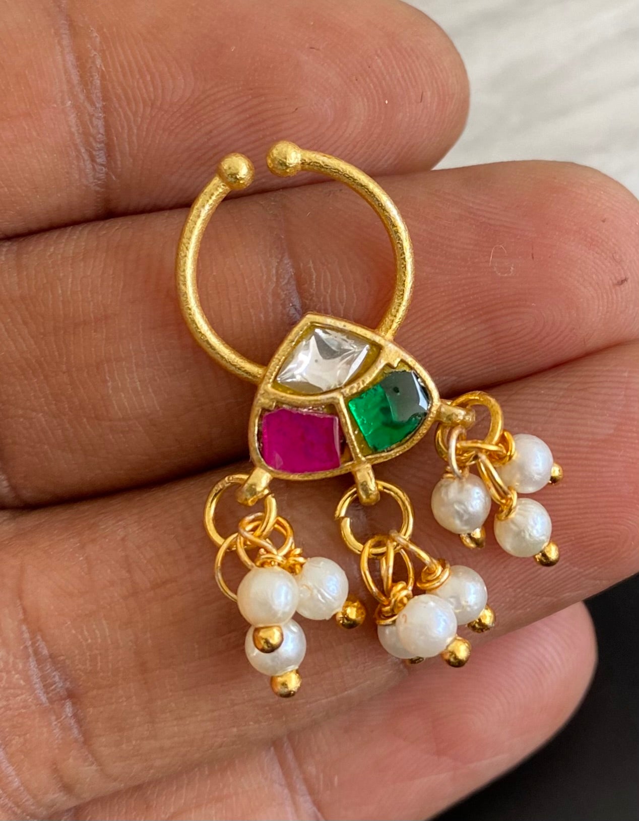 Gold tone kundan jadau pink-white-green stone pearl nose pin/bulakku dj-53798