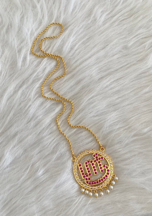 Gold tone 24 inches chain with AD pink tamil sree pendant dj-54694