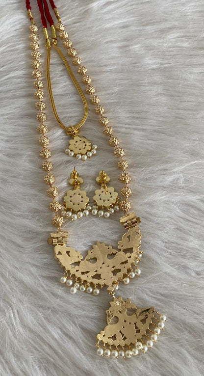 Gold tone precious kemp-green-white pearl peacock nakshi beaded combo set dj-54942
