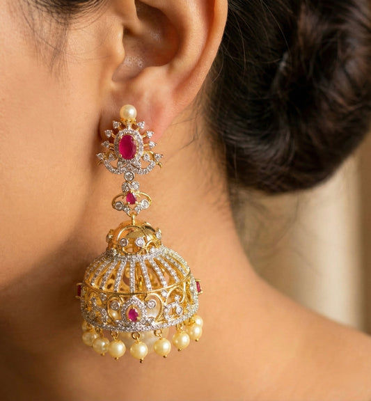 Two tone Cz-ruby pearl Big Jhumkka-dj17153