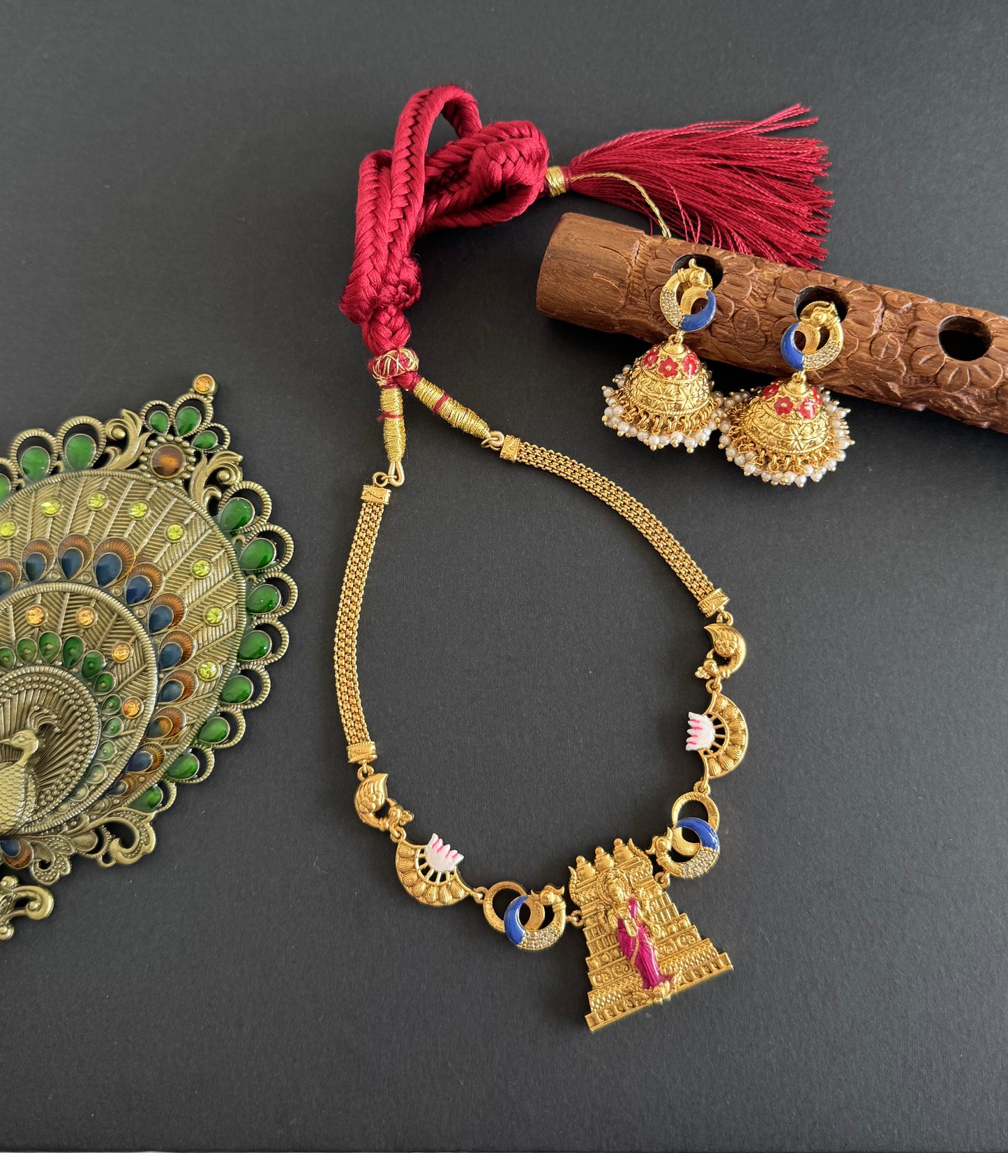 Matte finish Red-pink-blue meenakari Ma Meenakshi necklace set dj-52075