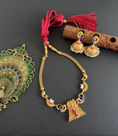 Matte finish Red-pink-blue meenakari Ma Meenakshi necklace set dj-52075