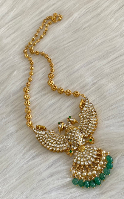 Gold tone pink-green-white kundan jadau gandaberunda reversible pendant,chain dj-53938