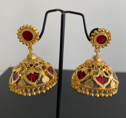 Gold tone kerala style red 6 petals of palakka jhumkka dj-53135