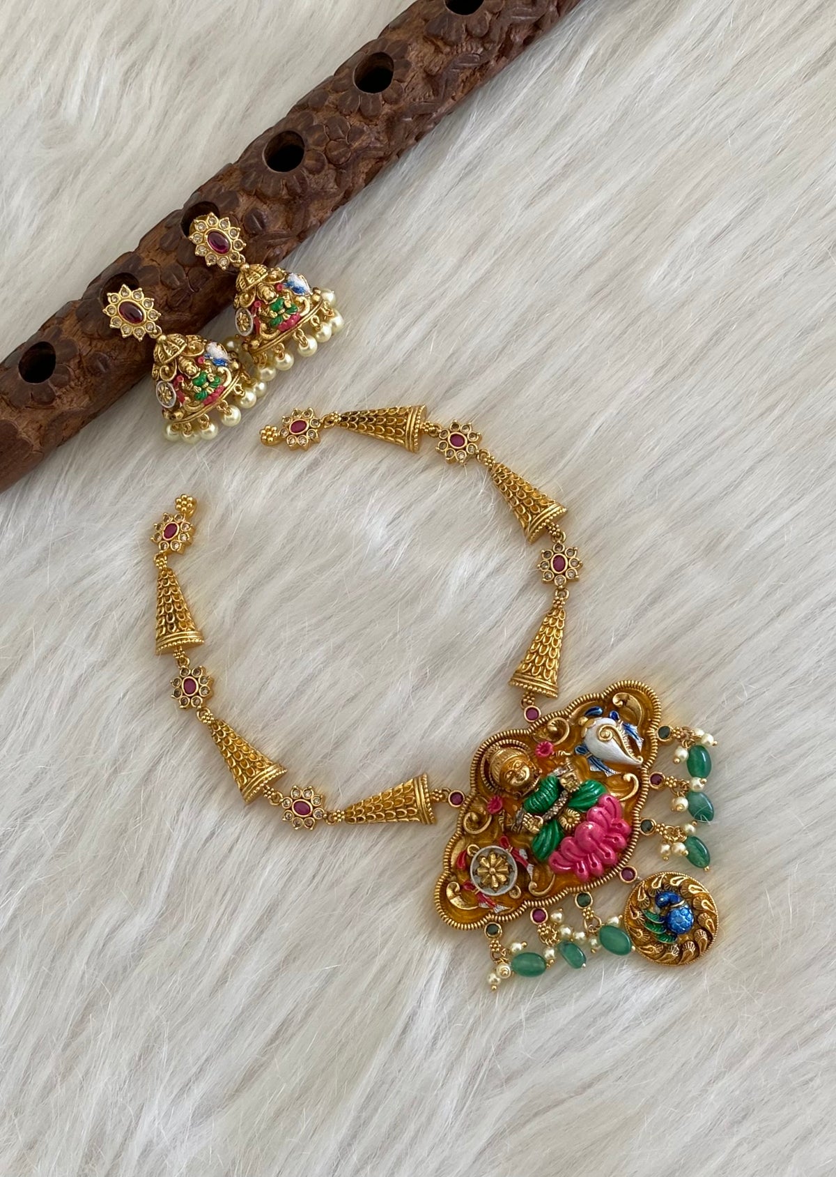 Matte finish green beaded shanku chakra lakshmi meenakari necklace set dj-54745