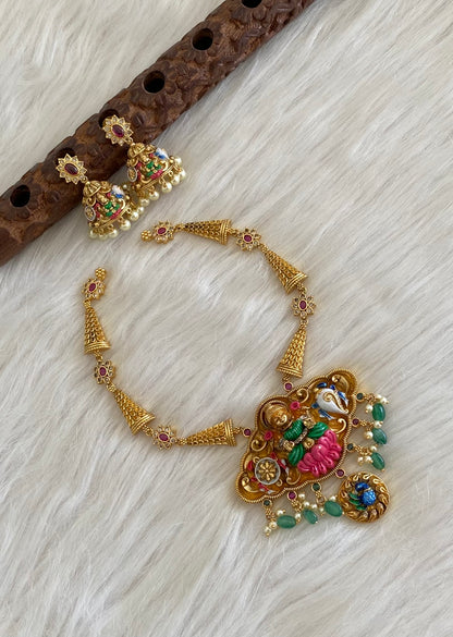 Matte finish green beaded shanku chakra lakshmi meenakari necklace set dj-54745