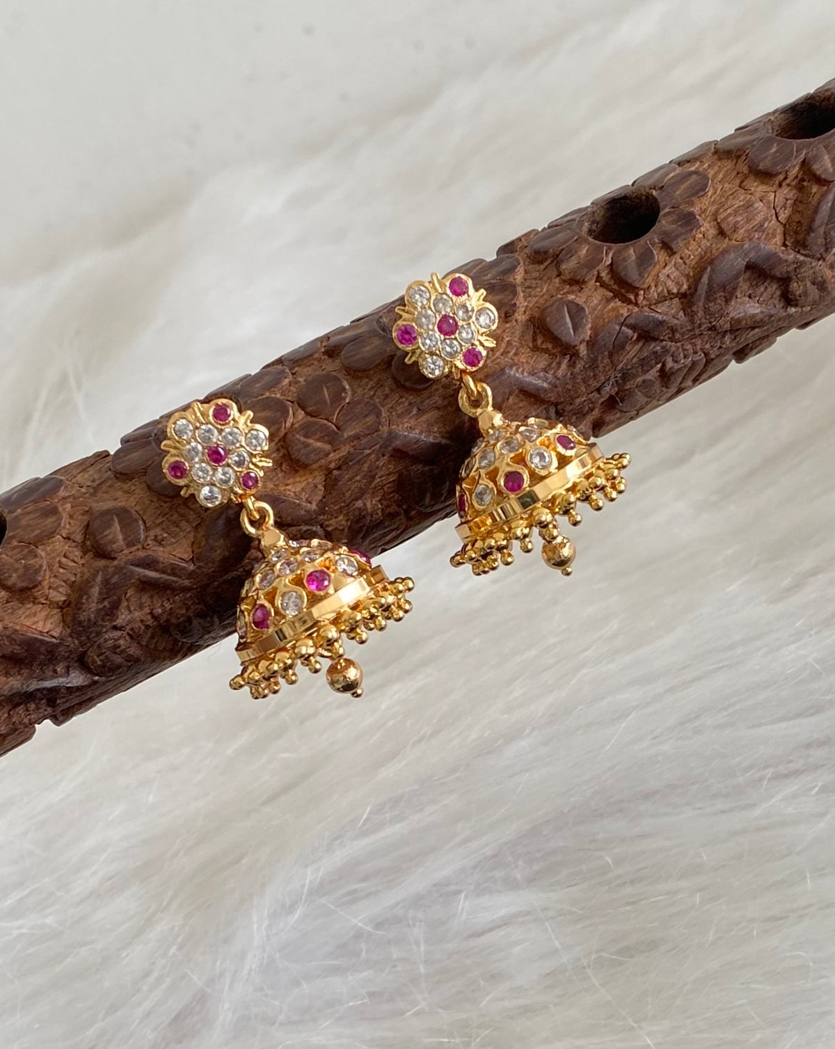 Gold tone ad pink-white stone south Indian jhumkka dj-54895