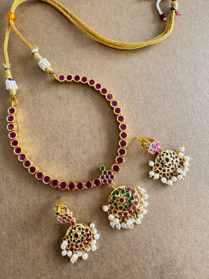 Gold tone AD ruby-green south indian style attigai/necklace set dj-51669