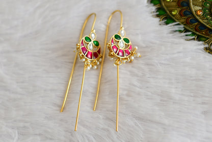 Gold tone pink-green-white kundan jadau bali bugadi needle earrings dj-52457