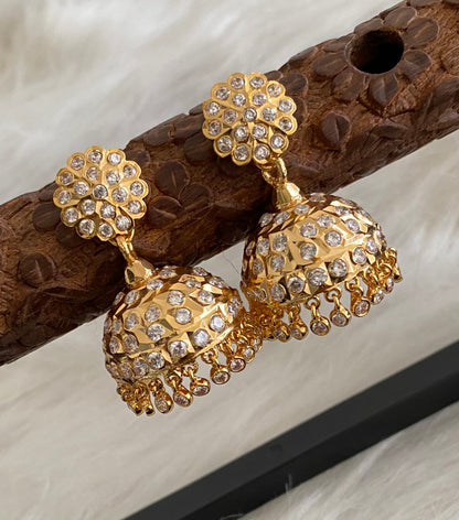 Gold tone south indian style AD white jhumkka dj-53865