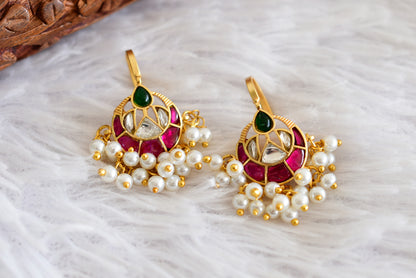 Gold tone pink-green kundan jadau bali bugadi earrings dj-52472