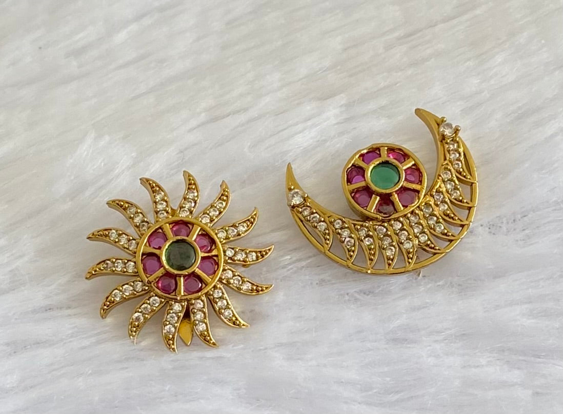 Antique gold tone small kemp-green-white flower sun moon hair jewel dj-53661