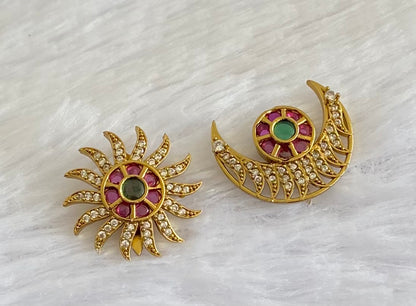 Antique gold tone small kemp-green-white flower sun moon hair jewel dj-53661