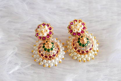 Gold tone South Indian style pink-green-white pearl jhumkka dj-51887