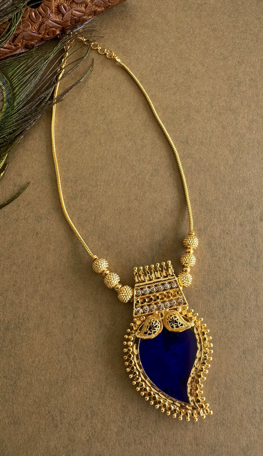 Gold tone blue-white kerala style mango kodi necklace dj-51698
