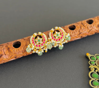 Gold tone pink-white kundan jadau green moon big stud/earrings dj-51502