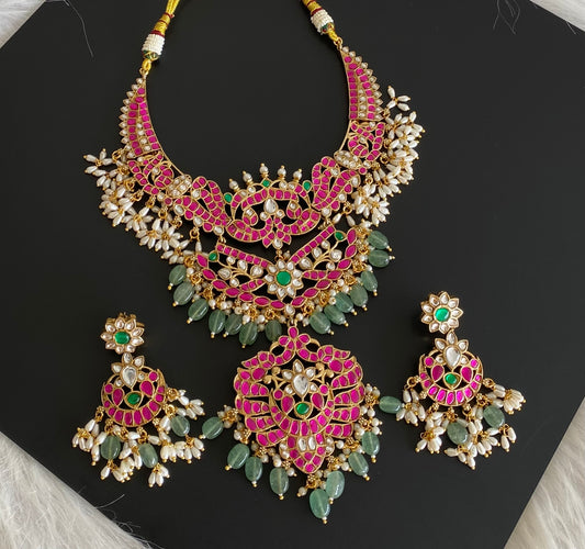Antique gold tone peacock green beaded kundan jadau rice pearl necklace set dj-54162