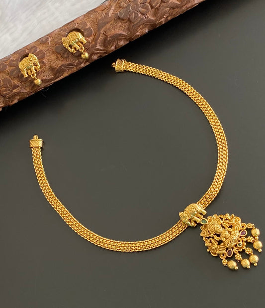 Antique gold tone kemp-green lakshmi elephant necklace set dj-54071