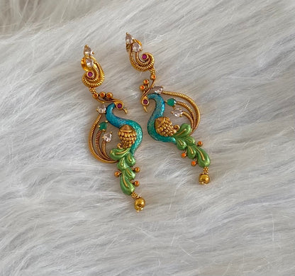 Matte finish white-kemp-green peacock long earrings dj-54650