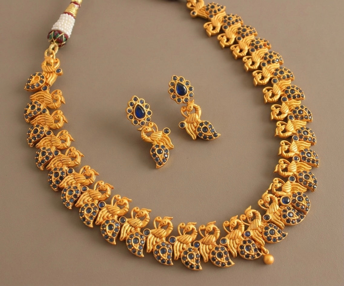 Matte finish blue peacock necklace set-dj07229