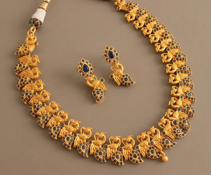 Matte finish blue peacock necklace set-dj07229