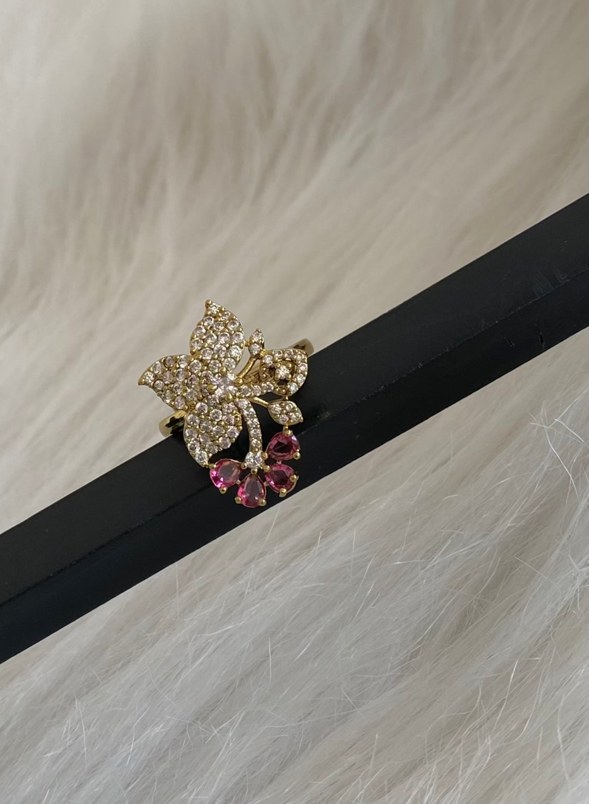 Antique gold tone cz white-magenta pink stone flower adjustable finger ring dj-55050
