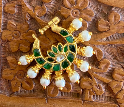 Gold tone kundan jadau green-white stone pearl nose pin dj-53716