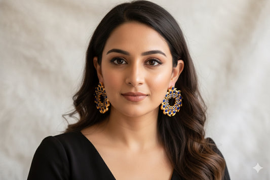 Gold tone blue pearl mango big earrings dj-52359