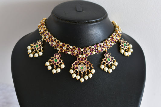 Gold tone precious kemp-green-white pearl necklace dj-52256