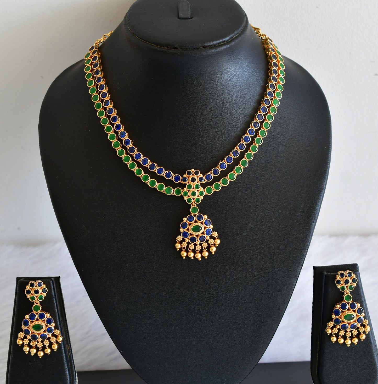 Matte finish blue-green double layer attigai/necklace set dj-53179