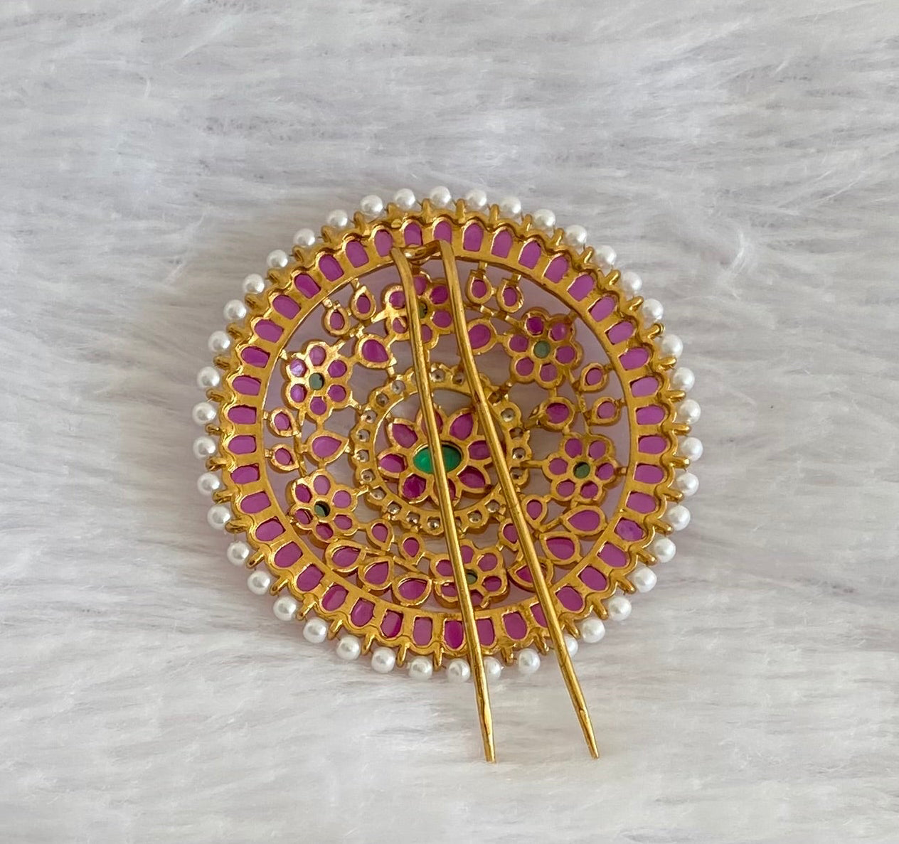 Antique gold tone pink-green-white pearl round hair jewel (rakodi) dj-53635