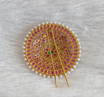 Antique gold tone pink-green-white pearl round hair jewel (rakodi) dj-53635