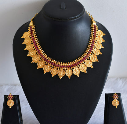 Gold tone pink stone lakshmi coin necklace set dj-53049