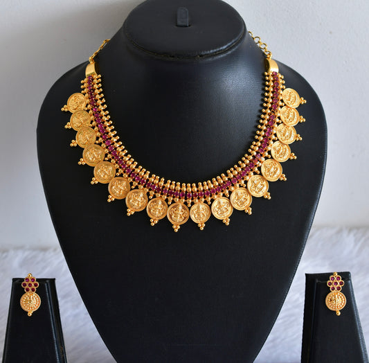 Gold tone pink stone lakshmi coin necklace set dj-53049