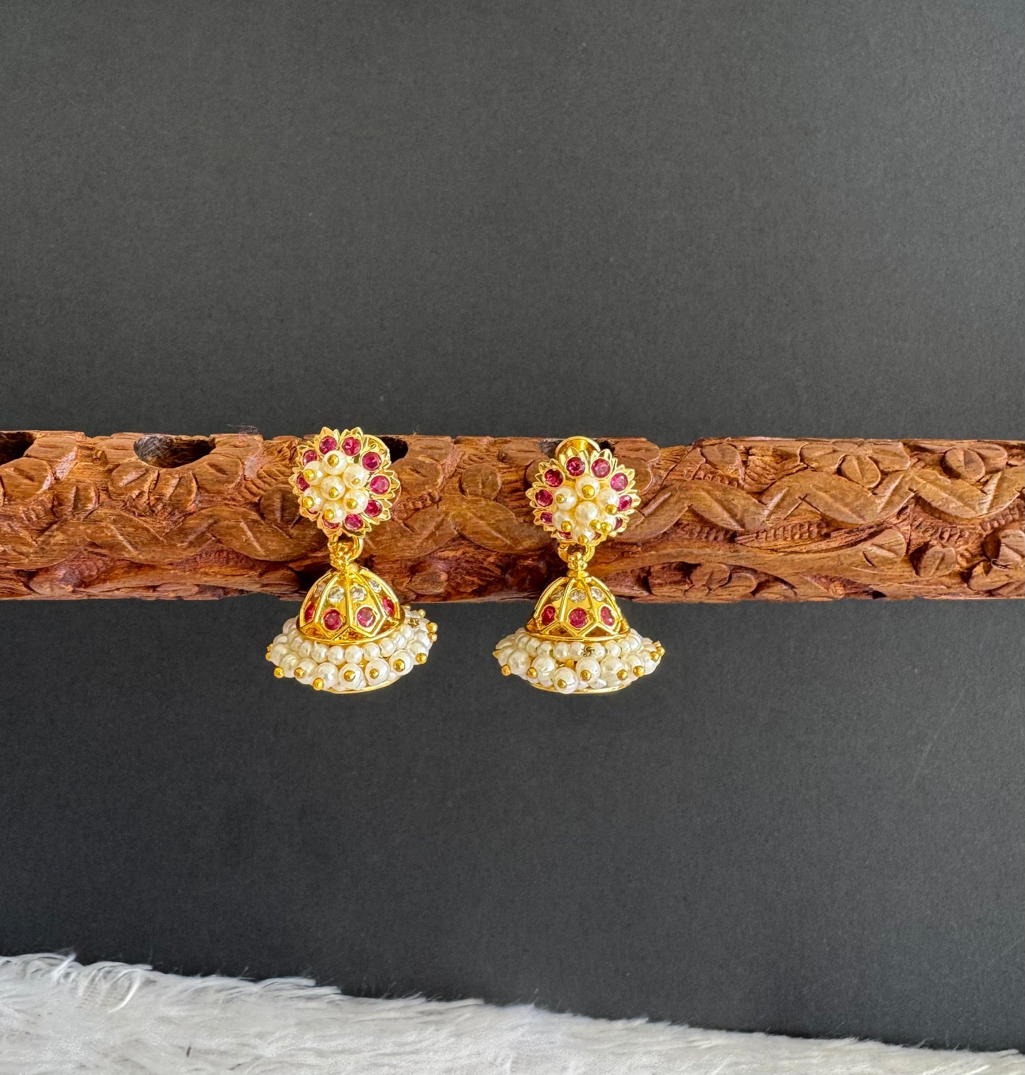 Gold tone ad pink-white stone pearl jhumkka dj-46016