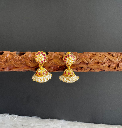 Gold tone ad pink-white stone pearl jhumkka dj-46016